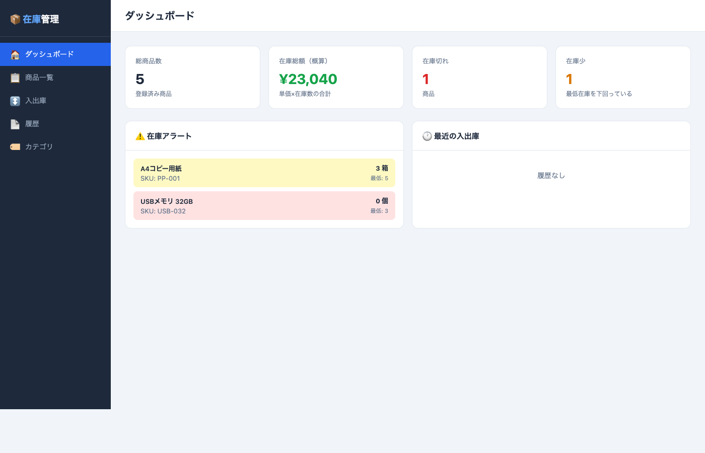在庫管理アプリ画面