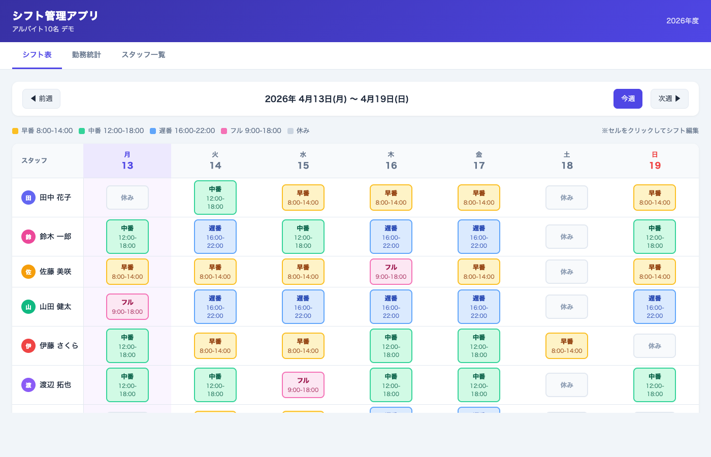 シフト管理アプリ画面